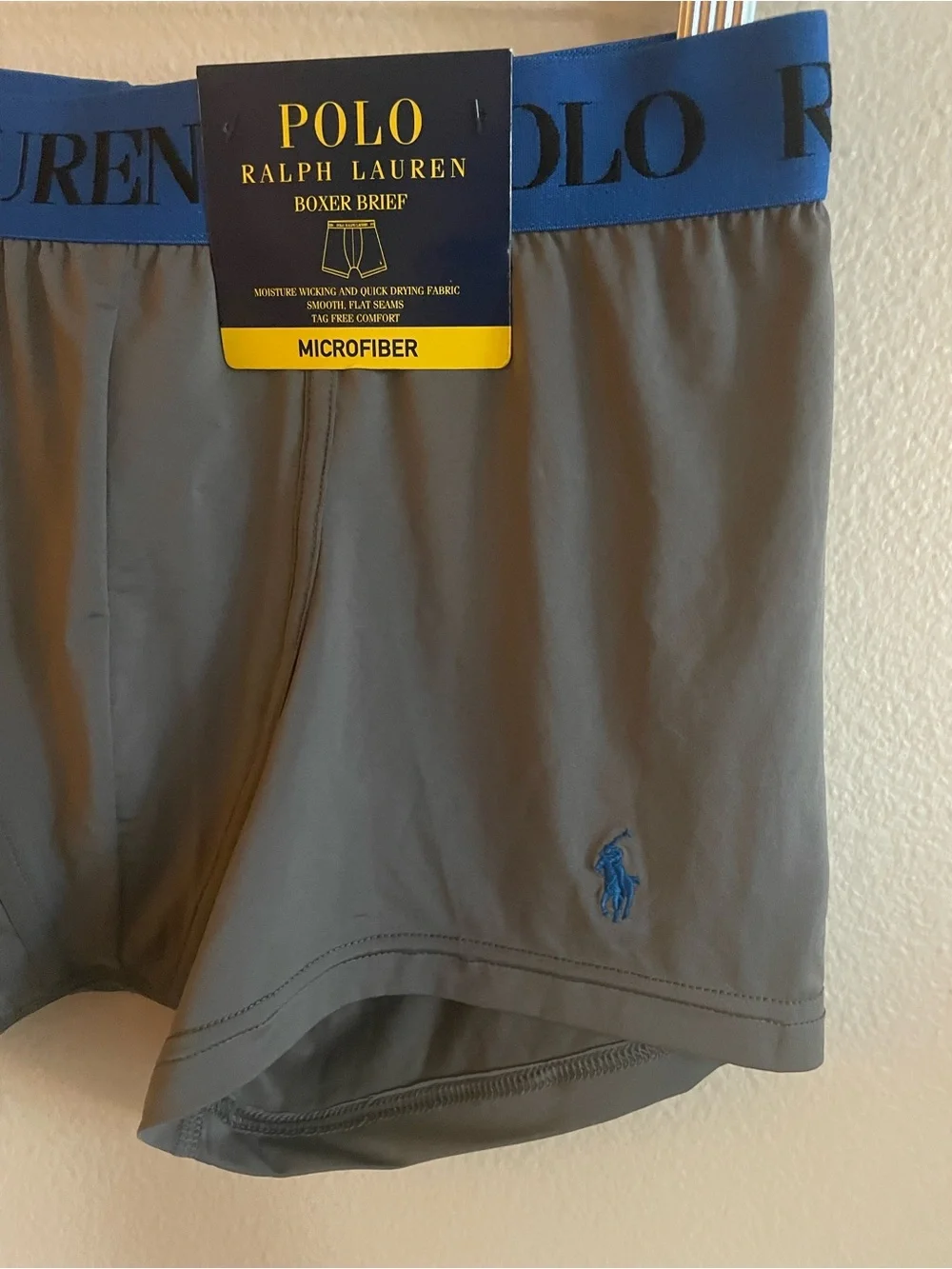 Polo by Ralph Lauren Gray Microfiber Boxer Briefs with Blue Waistband medium